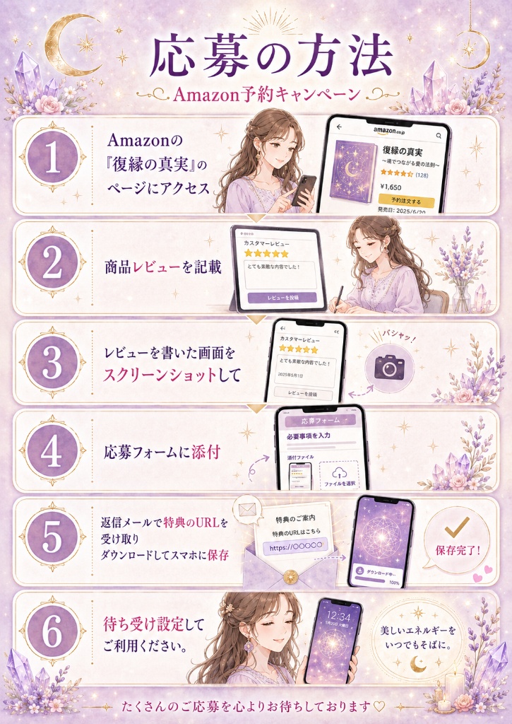 応募の方法（Amazon予約キャンペーン）：Amazonの復縁の真実ページにアクセス→商品レビューを記載→レビュー画面をスクリーンショット→応募フォームに添付→返信メールで特典URLを受け取りダウンロード→待ち受け設定してご利用ください