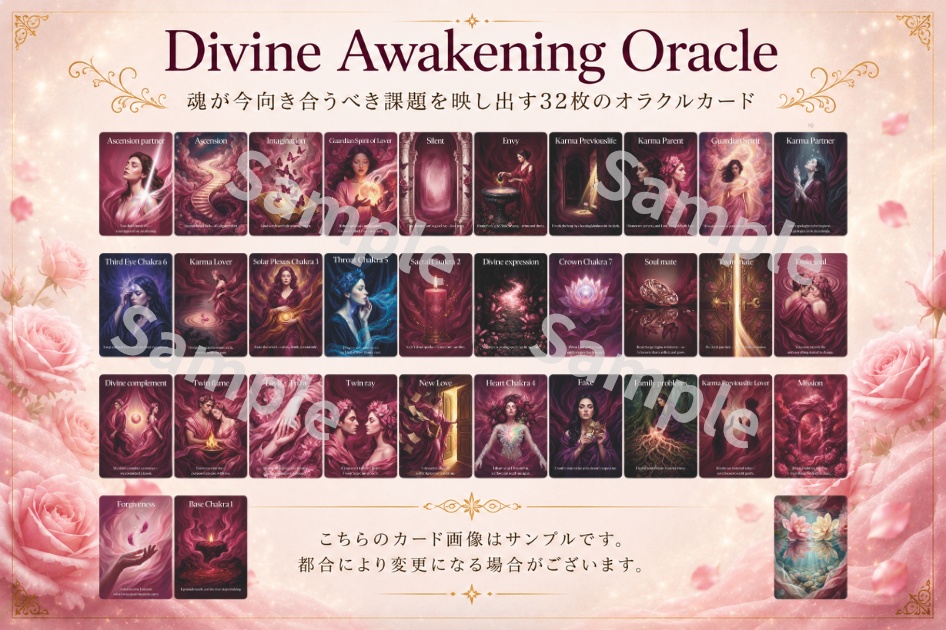 Divine Awakening Oracle 収録カード一覧 — Ascension partner, Ascension, Imagination, Guardian Spirit of Lover, Silent, Envy, Karma Previouslife, Karma Parent, Guardian Spirit, Karma Partner, Third Eye Chakra 6, Karma Lover, Solar Plexus Chakra 3, Throat Chakra 5, Sacral Chakra 2, Divine expression, Crown Chakra 7, Soul mate, Twin mate, Twin soul, Divine complement, Twin flame, Twin ray, New Love, Heart Chakra 4, Fake, Family problems, Karma Previouslife Lover, Mission, Forgiveness, Base Chakra 1