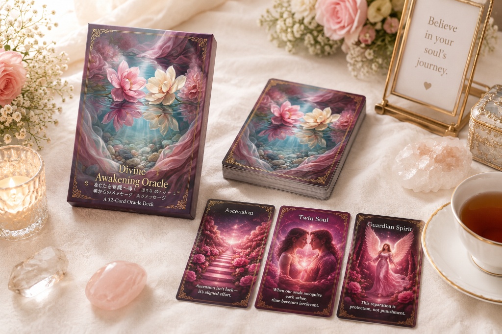 Divine Awakening Oracleカードセット 箱・カード・クリスタルを添えた商品写真